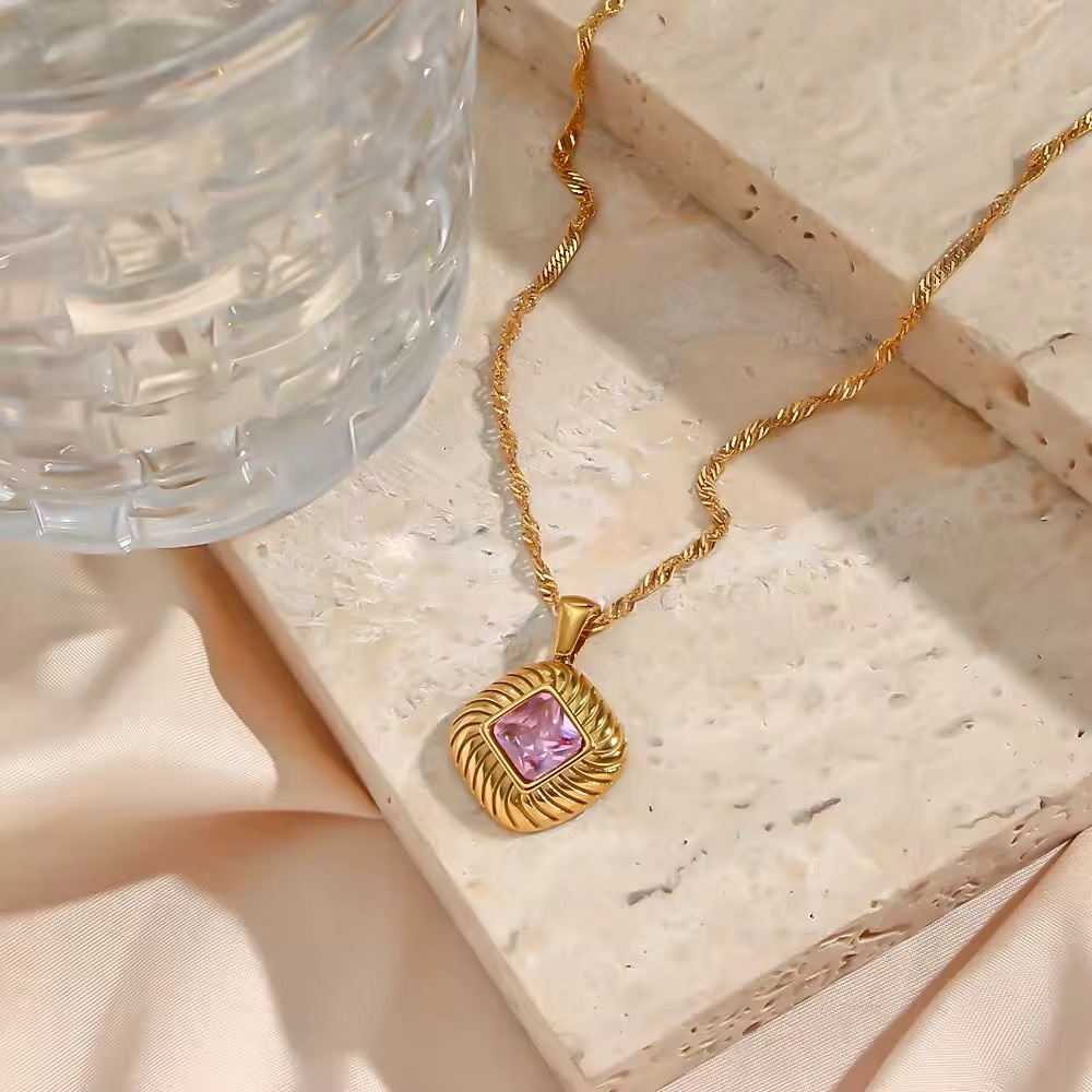 18K Gold Plated Pink Gemstone Necklace